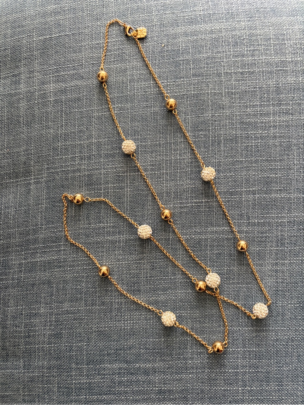 Gold Beaded Station Necklace with White Pavé Spheres - Picture 1 of 7